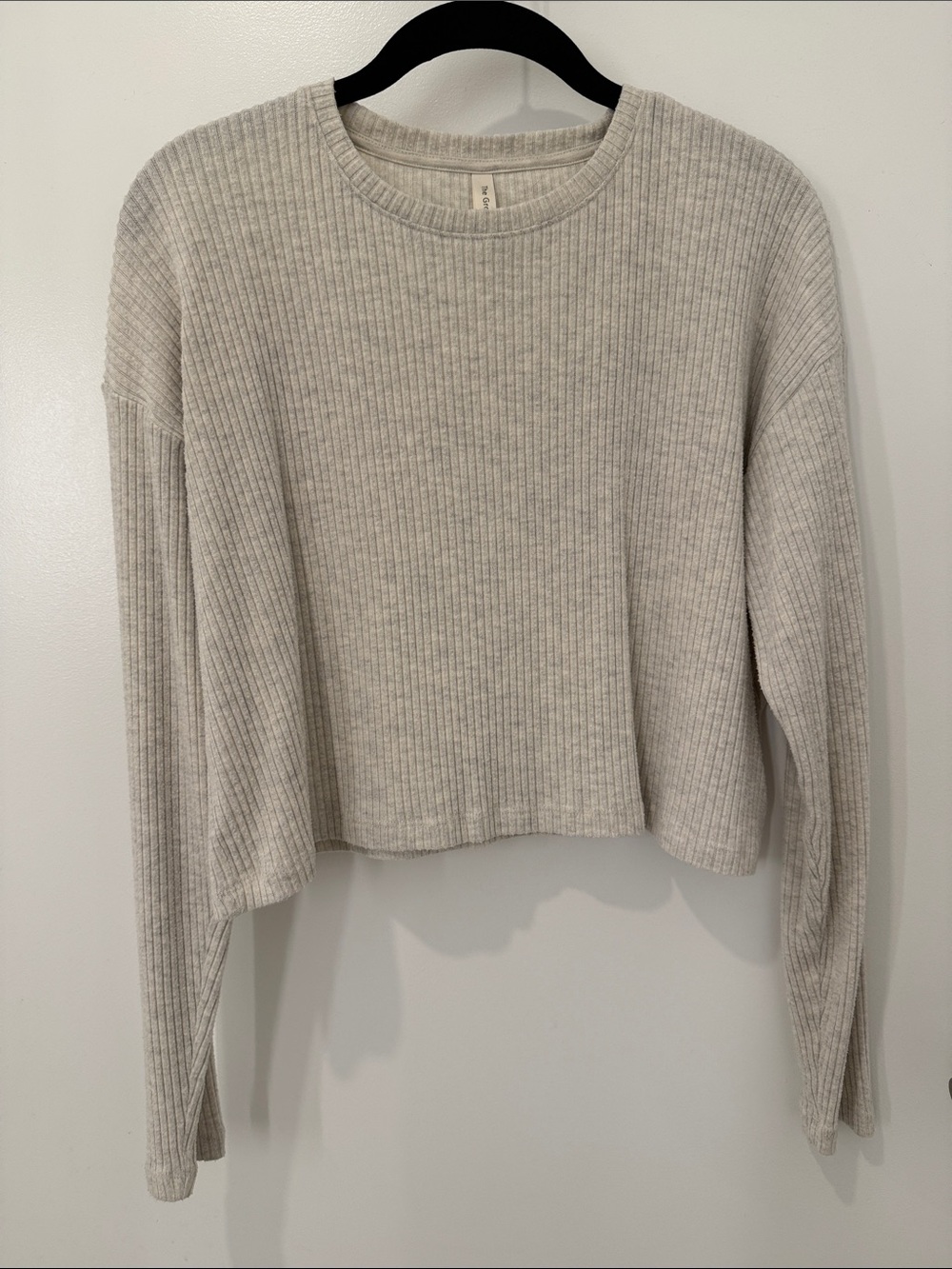 Aritzia Babaton Ribbed Crewneck Crop Long-Sleeve Top in Light Heather Beige